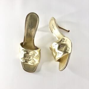 Louis Vuitton Revival Monogram Emboss Gold Leather Heeled Mules Sandals 38.5